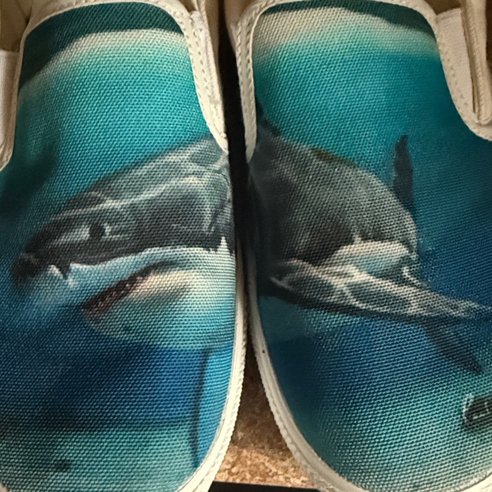 Aqua Shark Print Slip-On Sneakers-worn once - Picture 2 of 9